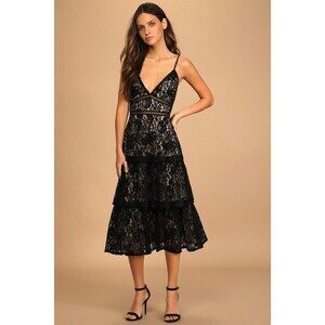 Lulus Pass Me The Prosecco Black Velvet Lace Tiered Midi Dress